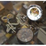 SILVER CASED POCKET WATCH WITH CHAIN & KEY, WITH 1 OTHER POCKET WATCH