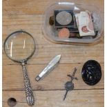 TRAY WITH SILVER HANDLED MAGNIFYING GLASS, JET BROOCH PIN, SILVER BLADED FRUIT KNIFE, SILVER SWORD