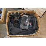 BOX WITH CAMCORDER, VINTAGE CAMERA, VARIOUS ACCESSORIES ETC