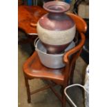 MAHOGANY CHAIR, JELLY PAN & LARGE DECORATIVE VASE