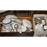 2 BOXES WITH ASSORTED TEA & DINNER WARE, JAPANESE DECORATIVE VASE, CUTLERY ETC