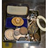 BOX WITH VARIOUS OLD COINAGE, NOVELTY BABY RATTLE, SILVER RINGS, VICTORIAN GOLD BROOCH PIN ETC