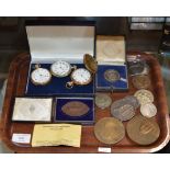 TRAY WITH 3 VARIOUS POCKET WATCHES & VARIOUS MEDALLIONS