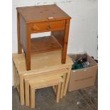 BOX WITH ASSORTED GLASS WARE, MODERN PINE SINGLE DRAWER UNIT & NEST OF 3 MODERN TABLES