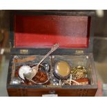 WOODEN TEA CADDY WITH ASSORTED COSTUME JEWELLERY, COINAGE, SILVER SPOON, POCKET WATCH CASE ETC