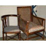 MAHOGANY CANE BACK ARM CHAIR & EDWARDIAN INLAID MAHOGANY CORNER CHAIR