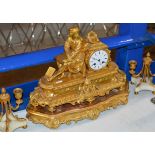 3 PIECE GARNITURE SET COMPRISING LARGE GILT STRIKING CLOCK & PAIR OF CANDLE HOLDERS