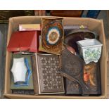 BOX WITH DECORATIVE EGG DISPLAY, CUTLERY, SMALL PAIR OF BELLOWS, VARIOUS TRINKET BOXES ETC