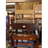 MINIATURE MAHOGANY TABLE, MAHOGANY PIANO STOOL & MINIATURE LLOYD LOOM STYLE BASKET CHAIR