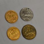 2 HALF SOVEREIGN COINS & 2 OTHER COINS