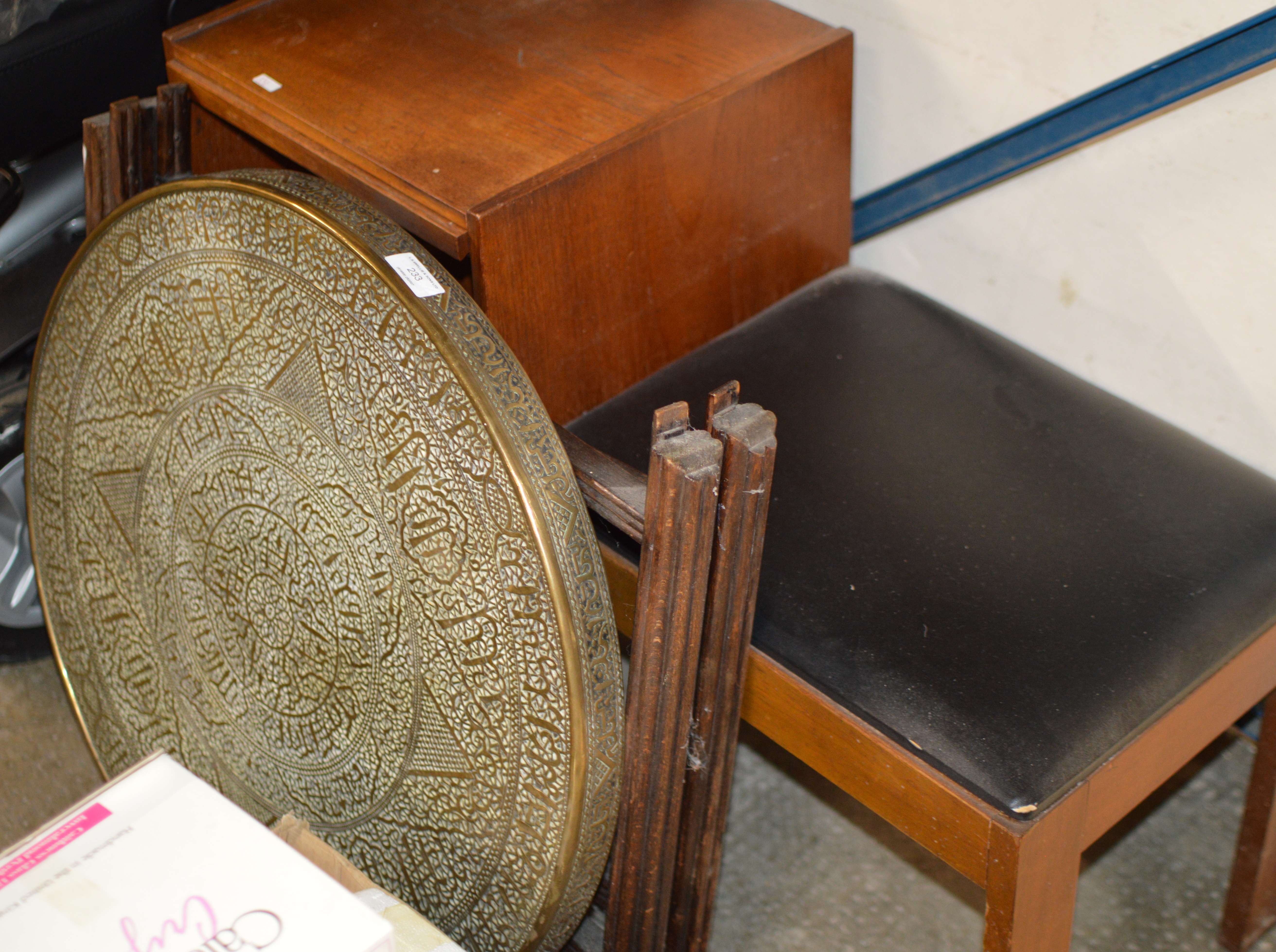 EASTERN BRASS FOLDING TABLE & TEAK TELEPHONE SEAT