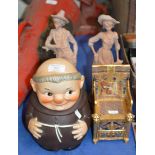 NOVELTY GOEBEL LIDDED JAR, 2 FIGURINE ORNAMENTS & NOVELTY CHAIR ORNAMENT