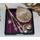 SHEFFIELD SILVER SCALLOPED DISH WITH GLASS LINER, SMALL BIRMINGHAM SILVER CAPSTAN INKWELL, SILVER