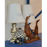 PAIR OF ONYX TABLE LAMPS WITH SHADES, WOODEN DUCK DISPLAY & 1 OTHER LAMP