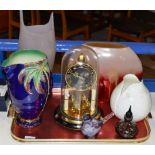 TRAY WITH DOME CLOCK, GLASS WARE, PAPERWEIGHT, PERFUME BOTTLE ETC