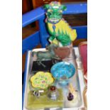 TRAY WITH VARIOUS ORIENTAL CERAMICS, CANTON ENAMEL STYLE DISH, ONYX DOG DESK STAND ETC