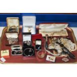 TRAY WITH QUANTITY VARIOUS COSTUME JEWELLERY, VARIOUS SILVER JEWELLERY, BANGLES, WRIST WATCHES,