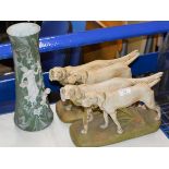 PAIR OF LARGE ROYAL DUX DOG ORNAMENTS & DECORATIVE POTTERY VASE