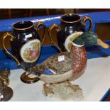 LARGE GOEBEL DUCK ORNAMENT & PAIR OF DECORATIVE DOUBLE HANDLED VASES