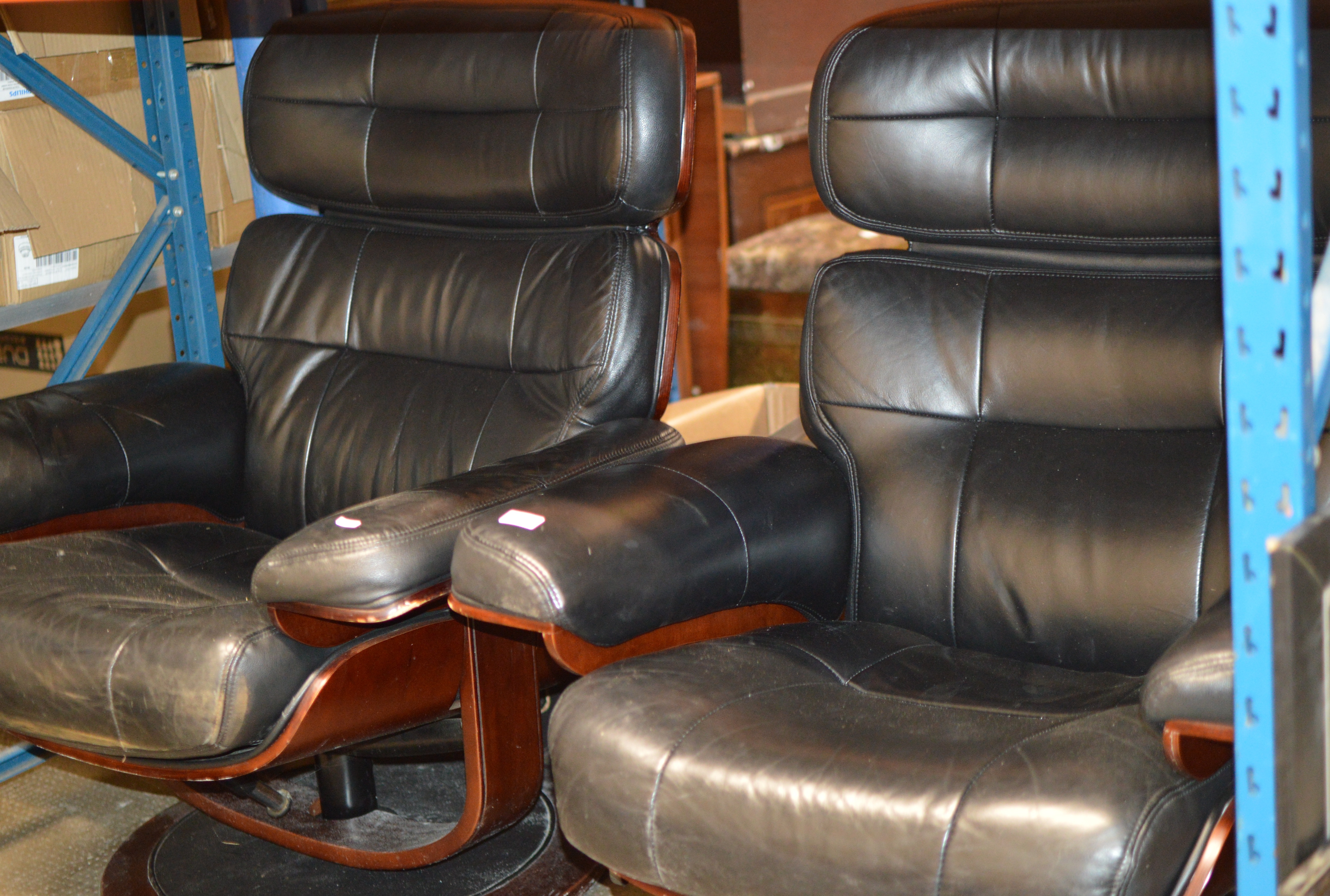 PAIR OF BLACK LEATHER EASY CHAIRS