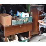 MAHOGANY DROP LEAF TABLES & OLD STAINED DOUBLE DOOR CABINET