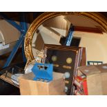 MODERN BAROMETER, GILT FRAMED MIRROR, GOLF BALL DISPLAY, WALL CLOCK & 2 SMALL BOXES WITH ASSORTED