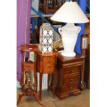 MODERN MAHOGANY 3 DRAWER CHEST, MODERN MAHOGANY PLANT STAND, ORNATE 3 DRAWER UNIT, LARGE LAMP &