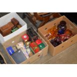 3 BOXES WITH VARIOUS WOODEN TRINKET BOXES, CUTLERY, VARIOUS TINS, COLOURED GLASS WARE ETC