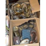 2 BOXES WITH BRASS WARE, TEA BOX, LIGHT FITTINGS, EP SPOONS, EASTERN STYLE BOWL, HORSE BRASSES,