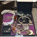 BOX WITH VARIOUS COSTUME JEWELLERY, SILVER JEWELLERY, WRIST WATCHES INCLUDING BENCH, HUGO BOSS ETC