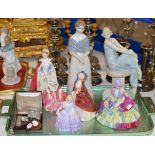 TRAY WITH VARIOUS ROYAL DOULTON FIGURINE ORNAMENTS, NAO STYLE FIGURINE, VARIOUS BADGES ETC