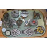 TRAY WITH VARIOUS OLD CAR BADGES, GAUGES ETC