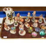 TRAY WITH VARIOUS HUMMEL FIGURINE ORNAMENTS, GLASS PAPER WEIGHTS, DOULTON JUG ETC