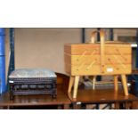 SMALL PADDED STOOL & CANTILEVER SEWING BOX WITH VARIOUS SEWING ACCESSORIES