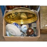 BOX WITH MIXED CERAMICS, POSTAL SCALES, BRASS TRAYS, CHINESE GINGER JAR, VICTORIAN COMMEMORATIVE