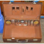 VINTAGE TRAVEL CASE WITH FITTED INTERIOR & VARIOUS SILVER TOP JARS