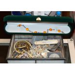 BOXED SILVER & AMBER BRACELET & JEWELLERY BOX WITH LARGE QUANTITY VARIOUS COSTUME JEWELLERY, WRIST