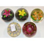 5 VARIOUS COLOURED GLASS PAPER WEIGHTS