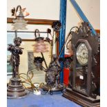 GINGER BREAD STYLE CLOCK & 2 ORNATE BRONZE FINISHED TABLES LAMPS WITH GLASS SHADES