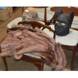 FUR COAT, 2 NOVELTY BUST DISPLAYS & PADDED STOOL