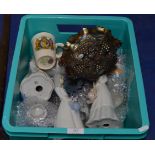 BOX WITH VARIOUS NAO STYLE FIGURINES, CARNIVAL GLASS BOWL, JAPANESE TEA WARE ETC