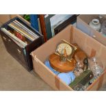 ASSORTED RECORDS & BOX WITH WOODEN DUCK ORNAMENT, NUT CRACKER BOWL, SEIKO CLOCK, CRYSTAL WARE ETC