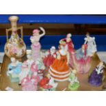 TRAY WITH VARIOUS FIGURINE ORNAMENTS, ROYAL DOULTON, ROYAL WORCESTER ETC & DECORATIVE HAND PAINTED
