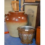 DECORATIVE WOODEN PLANTER, LARGE CERAMIC LIDDED JAR & FRAMED PICTURE