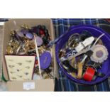 2 BOXES WITH ASSORTED COSTUME JEWELLERY, WRIST WATCHES ETC