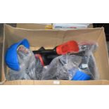 BOX WITH VARIOUS PAIRS OF WELLINGTON BOOTS & HARD HATS