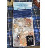 BOX WITH ASSORTED COSTUME JEWELLERY, COMMEMORATIVE COIN SET ETC