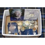 BOX WITH QUANTITY ASSORTED COINAGE, COMMEMORATIVE COINS ETC
