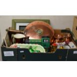 BOX WITH MIXED CERAMICS, COPPER WARE, NOVELTY TRAIN TIN ETC