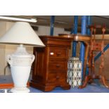 LARGE LAMP WITH SHADE, MODERN MAHOGANY 3 DRAWER CHEST, HALF MOON TABLE, PLANT TABLE & DECORATIVE